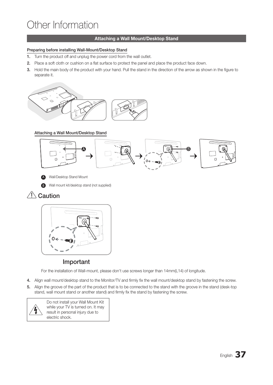 Other information, Attaching a wall mount/desktop stand, Caution | Important | Samsung LT24B350ND-ZA User Manual | Page 37 / 43