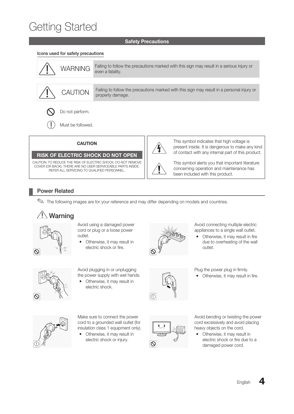 Getting started, Safety precautions, Warning | Caution | Samsung LT24B350ND-ZA User Manual | Page 4 / 43