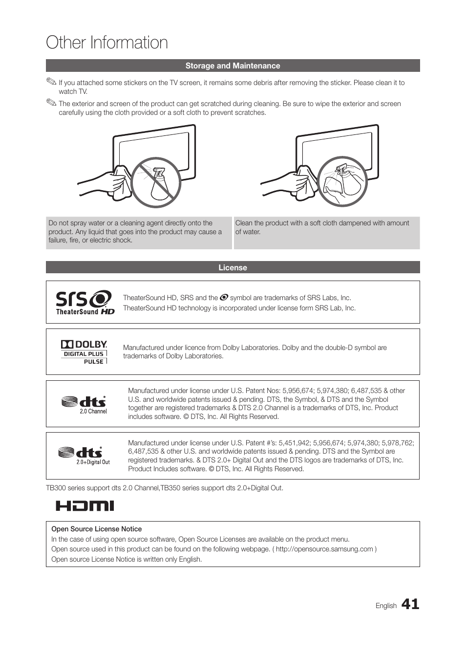 Storage and maintenance, License, Other information | Samsung LT24B350ND-ZA User Manual | Page 41 / 43