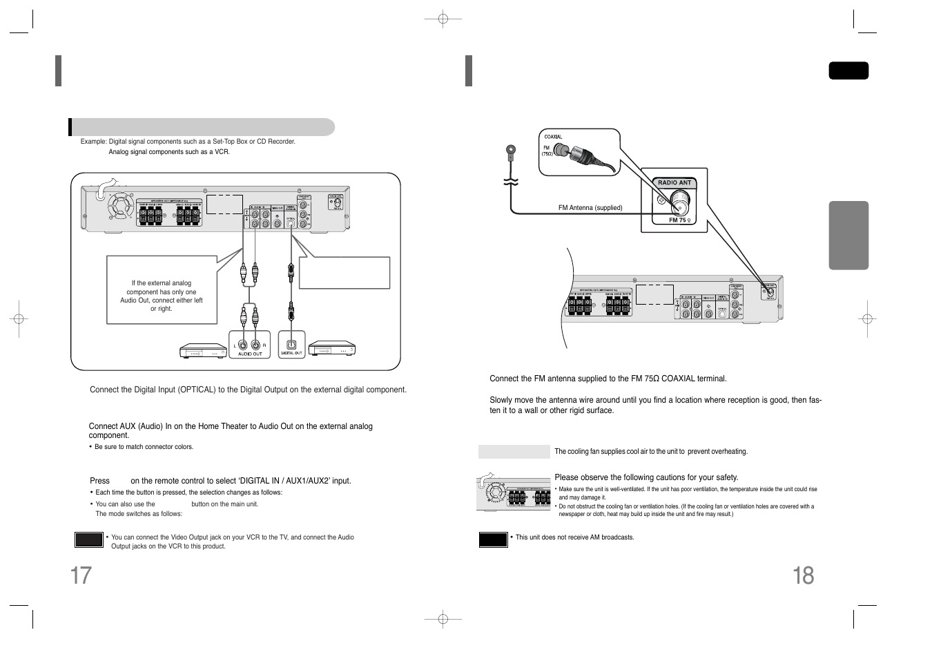 Connecting external components, Connecting the fm antenna | Samsung HT-Q40T-XAC User Manual | Page 10 / 38