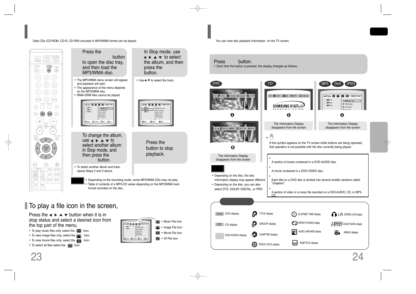 Mp3/wma-cd playback, Displaying disc information | Samsung HT-Q40T-XAC User Manual | Page 13 / 38