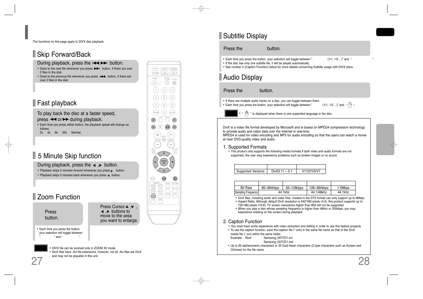 Divx playback, Fast playback, Skip forward/back | Zoom function, 5 minute skip function, Subtitle display, Audio display | Samsung HT-Q40T-XAC User Manual | Page 15 / 38