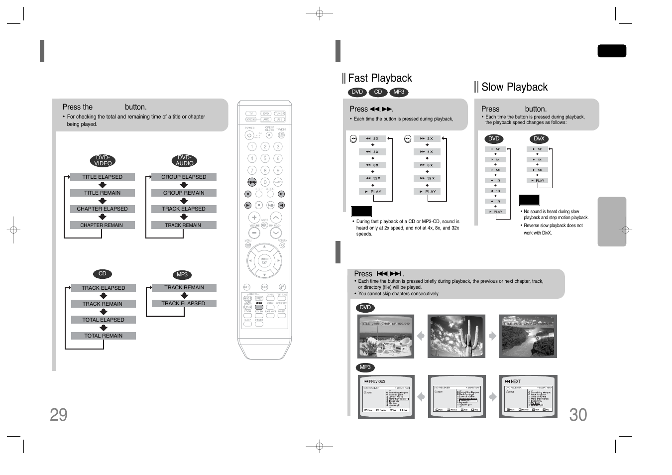 Checking the remaining time, Fast/slow playback, Skipping scenes/songs | Fast/slow playback skipping scenes/songs, Fast playback, Slow playback | Samsung HT-Q40T-XAC User Manual | Page 16 / 38