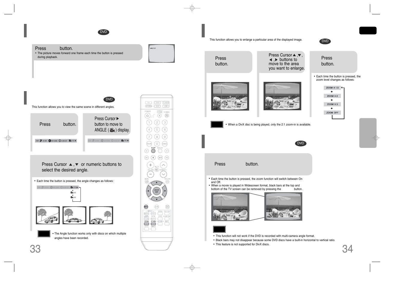 Step function, Angle function, Zoom (screen enlarge) function | Ez view function, Zoom (screen enlarge) function ez view function | Samsung HT-Q40T-XAC User Manual | Page 18 / 38