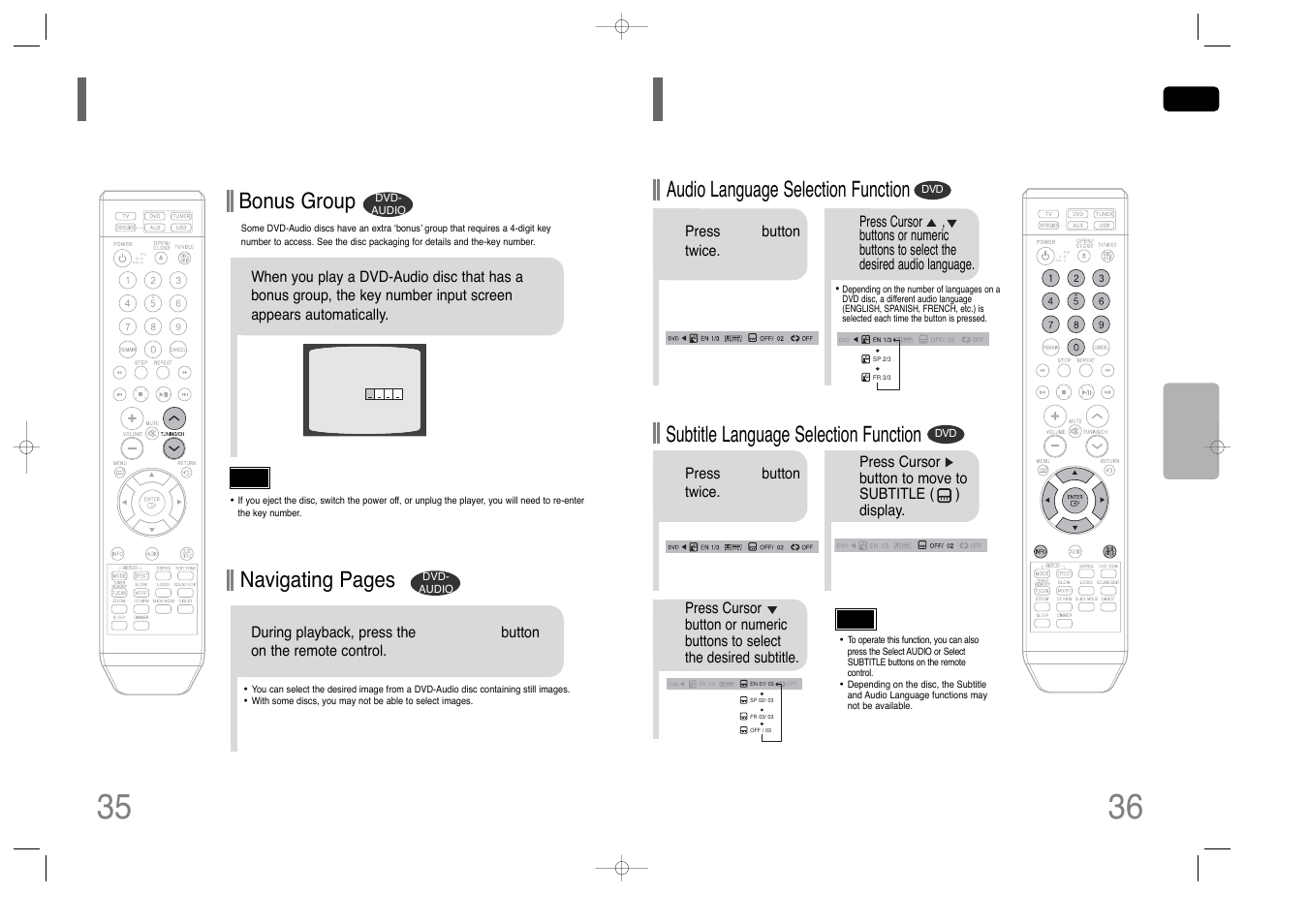 Selecting audio/subtitle language, Bonus group / navigating pages 36 35, Bonus group | Navigating pages, Audio language selection function, Subtitle language selection function | Samsung HT-Q40T-XAC User Manual | Page 19 / 38