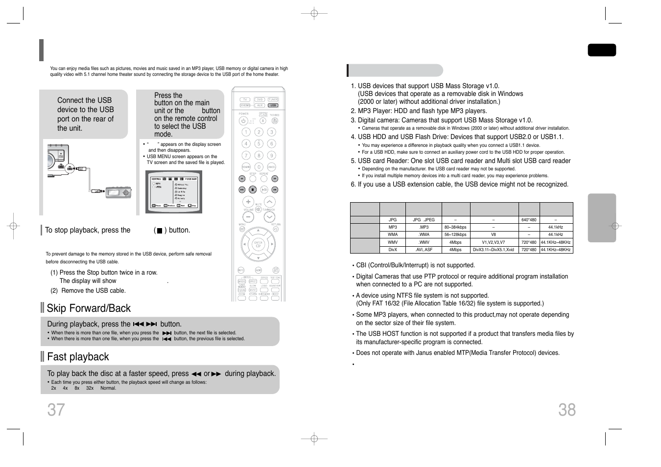 Playing media files using the usb host feature, Fast playback skip forward/back | Samsung HT-Q40T-XAC User Manual | Page 20 / 38