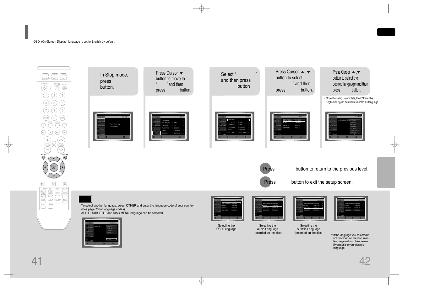 Setup, Setting the language, Setting the language 41 | Samsung HT-Q40T-XAC User Manual | Page 22 / 38