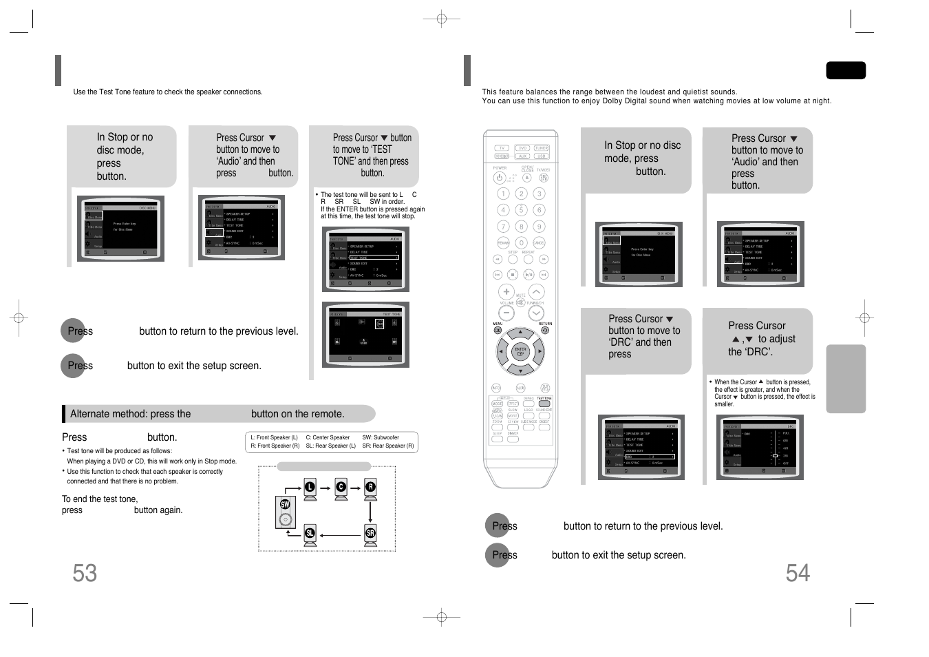 Setting the test tone, Setting the drc (dynamic range compression), Setting the drc | Dynamic range compression) | Samsung HT-Q40T-XAC User Manual | Page 28 / 38