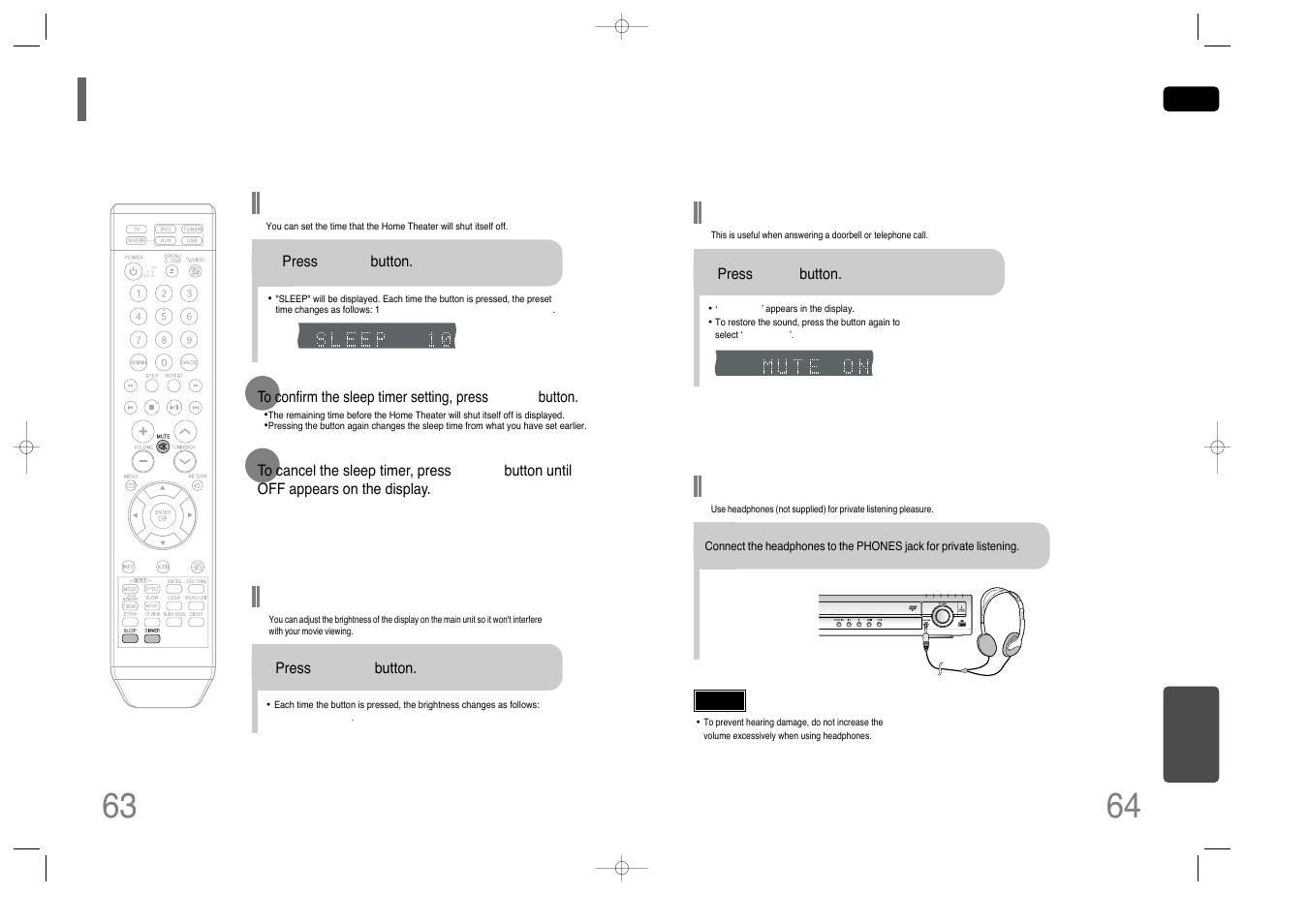 Convenient functions, Adjusting display brightness, Sleep timer function | Mute function, Using headphones | Samsung HT-Q40T-XAC User Manual | Page 33 / 38