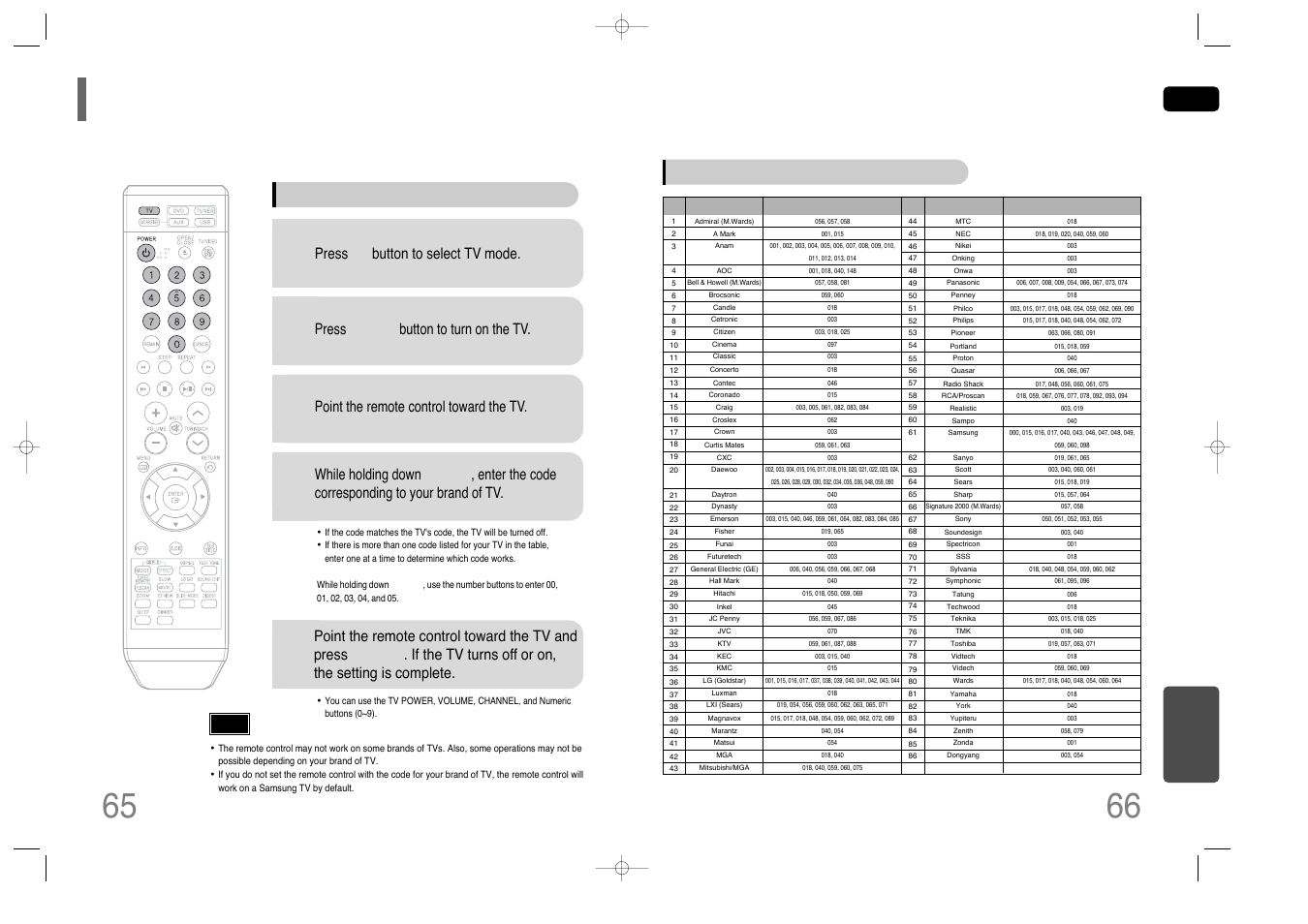 Operating a tv with the remote control, When operating a tv with the remote control, Press tv button to select tv mode | Press power button to turn on the tv, Point the remote control toward the tv, Tv brand code list, Miscellaneous | Samsung HT-Q40T-XAC User Manual | Page 34 / 38