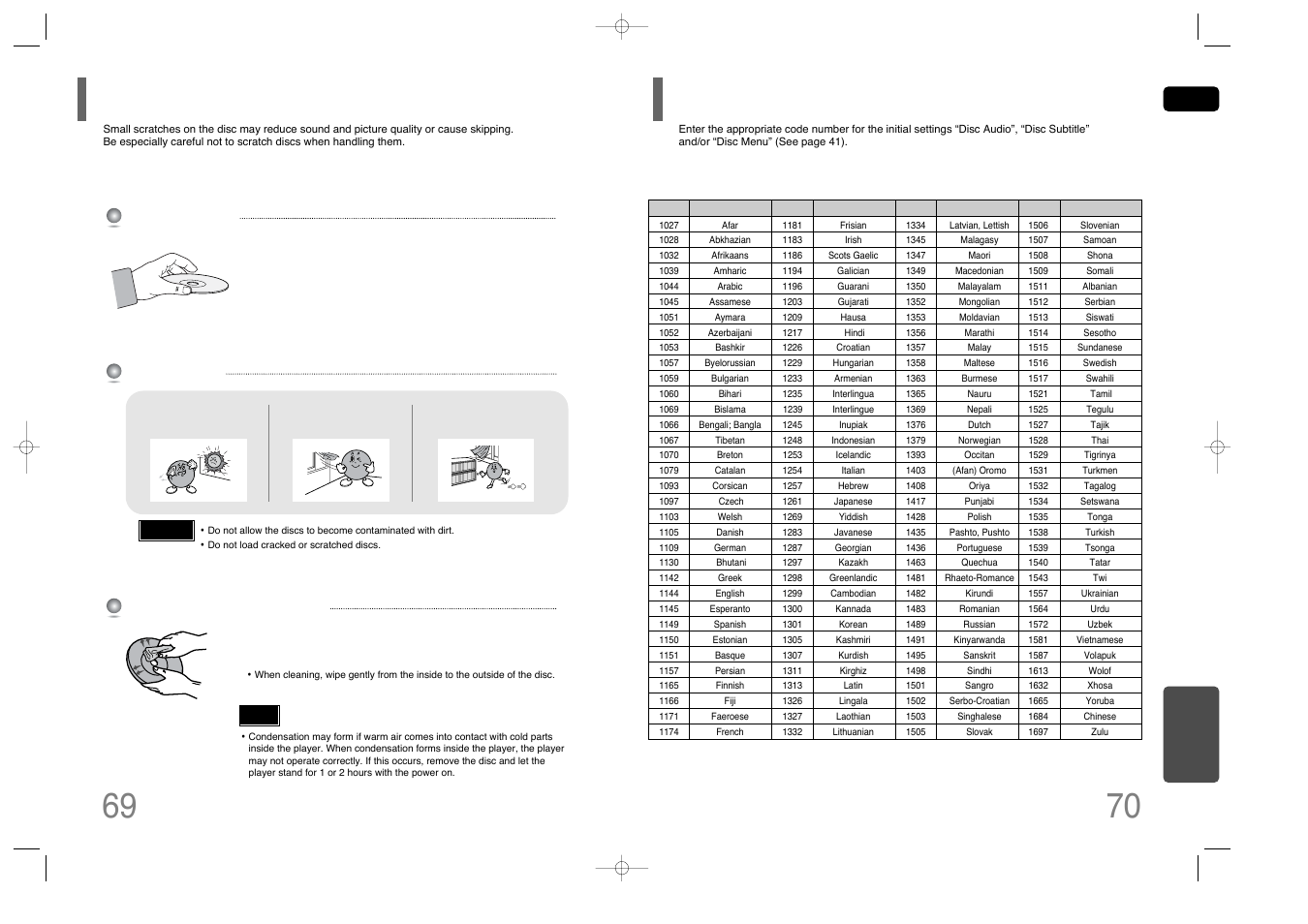 Cautions on handling and storing discs, Language code list, Language code list 69 | Samsung HT-Q40T-XAC User Manual | Page 36 / 38