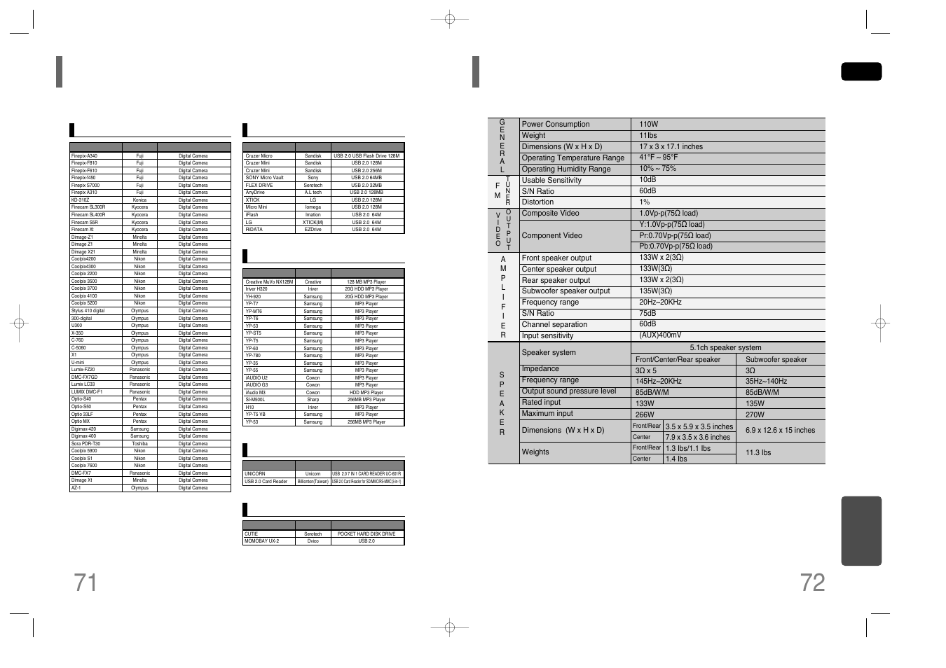 Specifications, 71 usb host feature supported products, Miscellaneous | Samsung HT-Q40T-XAC User Manual | Page 37 / 38