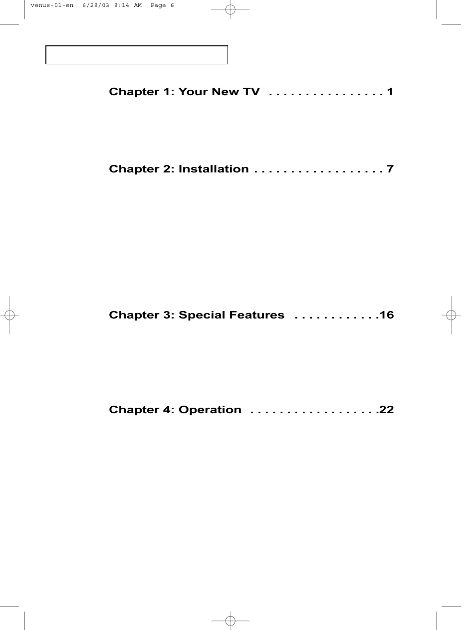 Chapter 1: your new tv, Chapter 2: installation, Chapter 3: special features | Chapter 4: operation | Samsung LTN325WX-XAA User Manual | Page 7 / 82