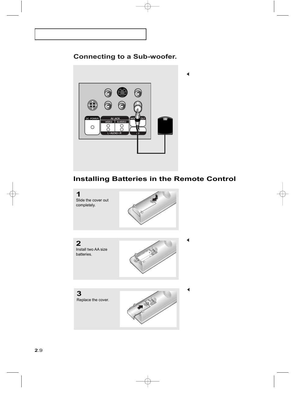 Connecting to a sub-woofer, Installing batteries in the remote control | Samsung LTM225WX-XAA User Manual | Page 22 / 72