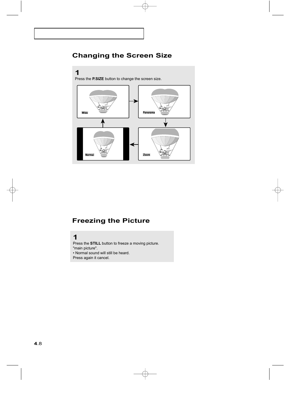 Freezing the picture, Changing the screen size | Samsung LTM225WX-XAA User Manual | Page 44 / 72