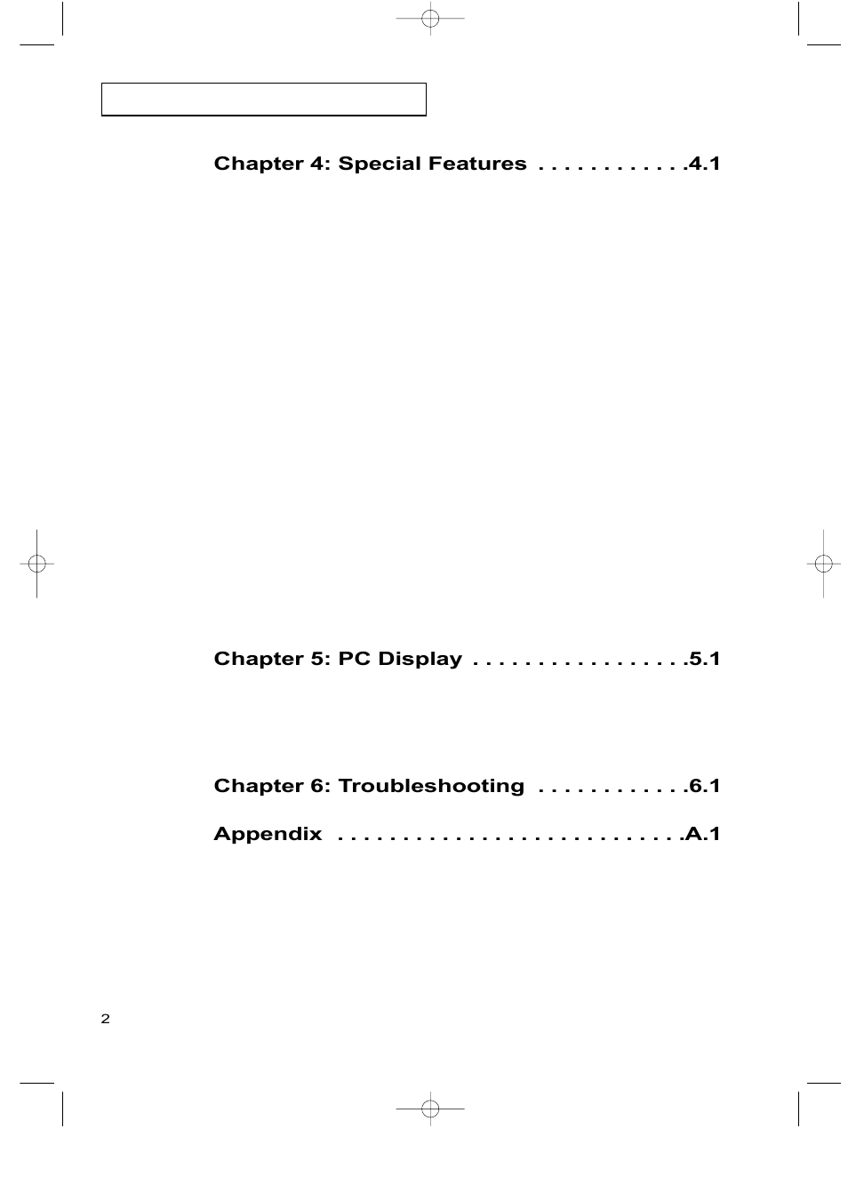 Chapter 4: special features, Chapter 5: pc display, Chapter 6: troubleshooting | Samsung LTM225WX-XAA User Manual | Page 8 / 72