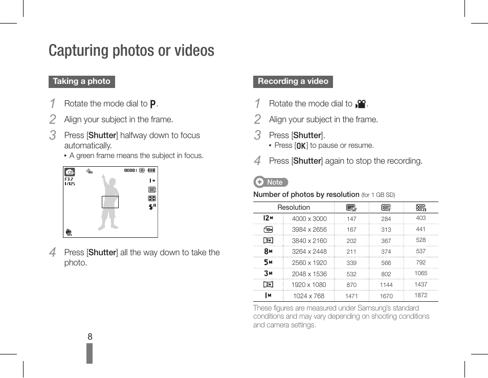 Capturing photos or videos | Samsung EC-HZ35WZBPBUS User Manual | Page 8 / 22