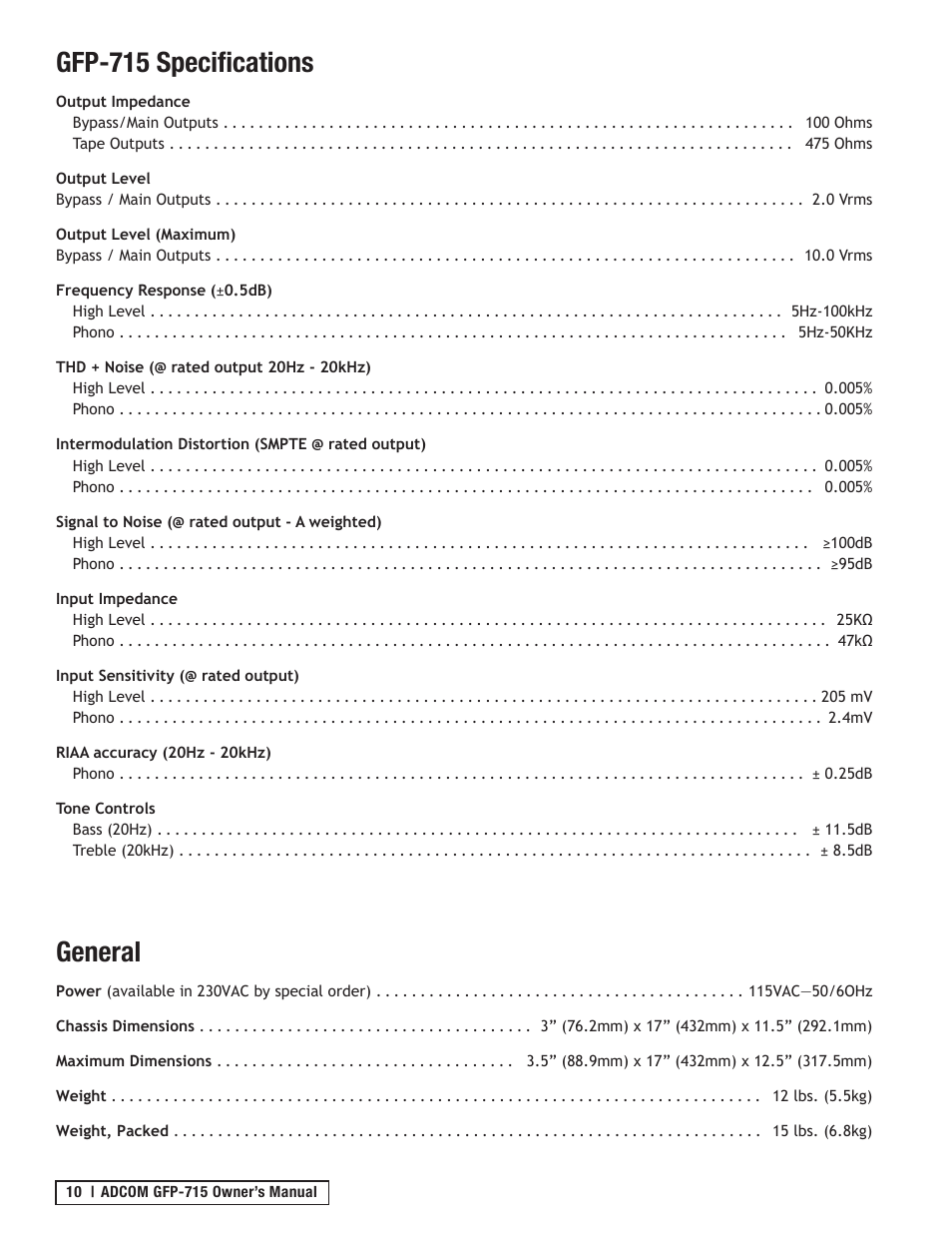 Gfp-715 specifications, General | Adcom GFP-715 User Manual | Page 10 / 12