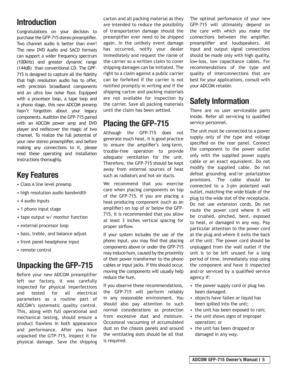 Introduction, Key features, Unpacking the gfp-715 | Placing the gfp-715, Safety information | Adcom GFP-715 User Manual | Page 5 / 12