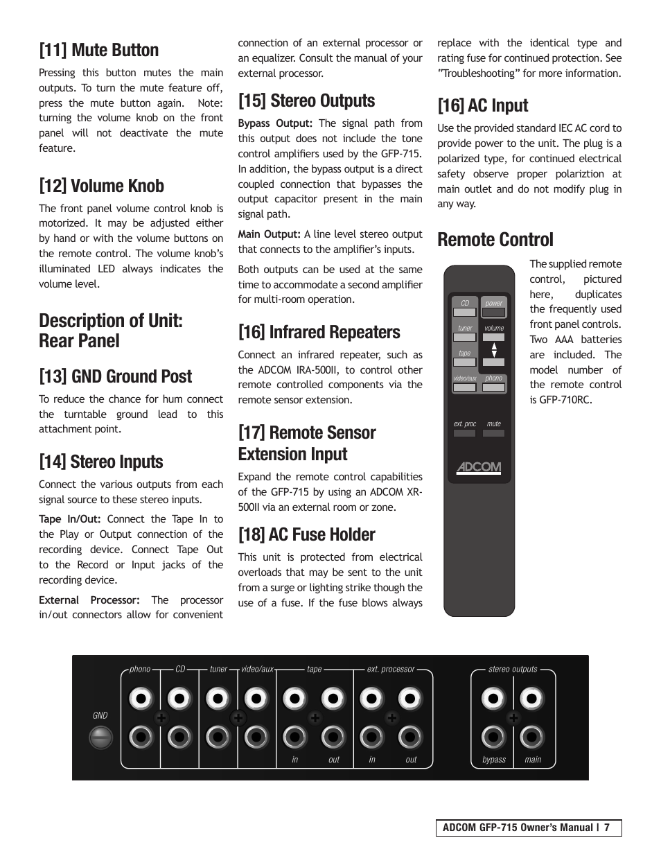 Description of unit: rear panel, Remote control, 11] mute button | 12] volume knob, 13] gnd ground post, 14] stereo inputs, 15] stereo outputs, 16] infrared repeaters, 17] remote sensor extension input, 18] ac fuse holder | Adcom GFP-715 User Manual | Page 7 / 12