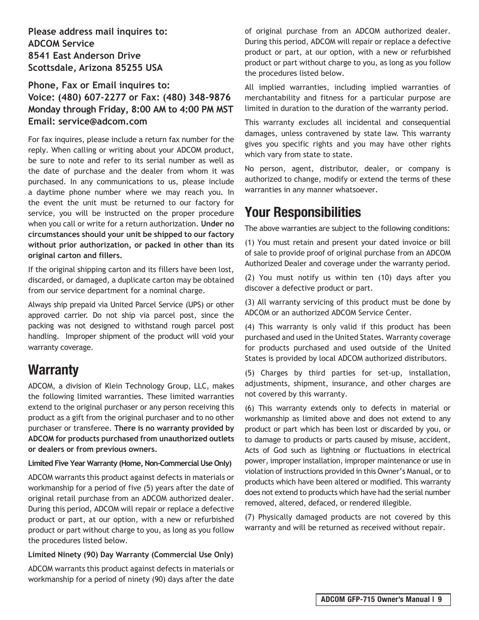 Warranty, Your responsibilities | Adcom GFP-715 User Manual | Page 9 / 12