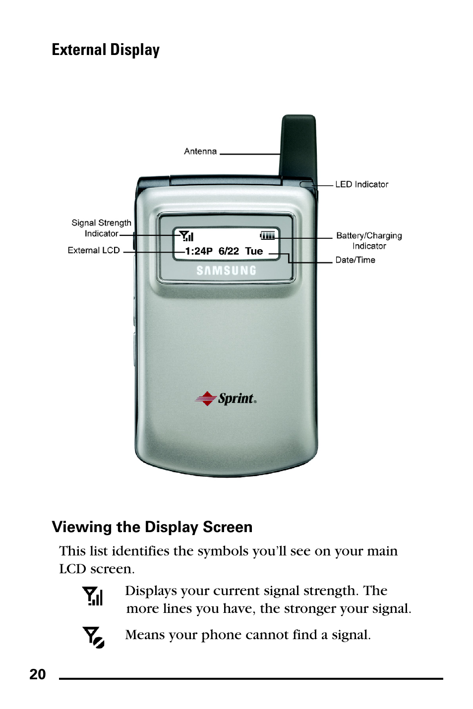 External display, Viewing the display screen | Samsung SPH-I600MSSXAR User Manual | Page 28 / 76
