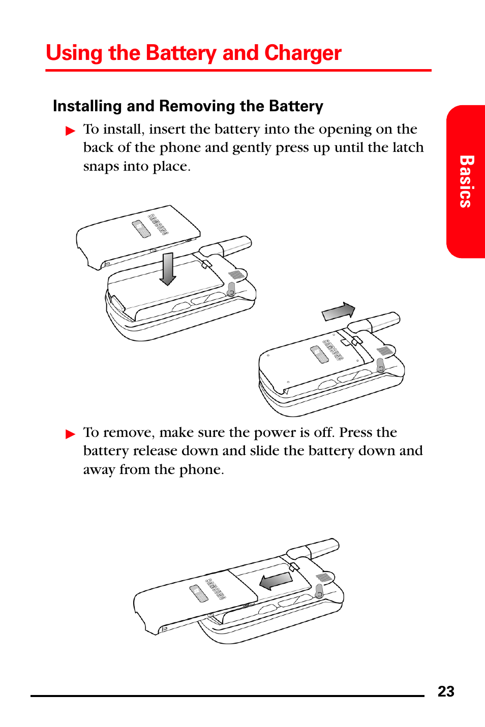 Installing and removing the battery, Using the battery and charger, Basics | Samsung SPH-I600MSSXAR User Manual | Page 31 / 76