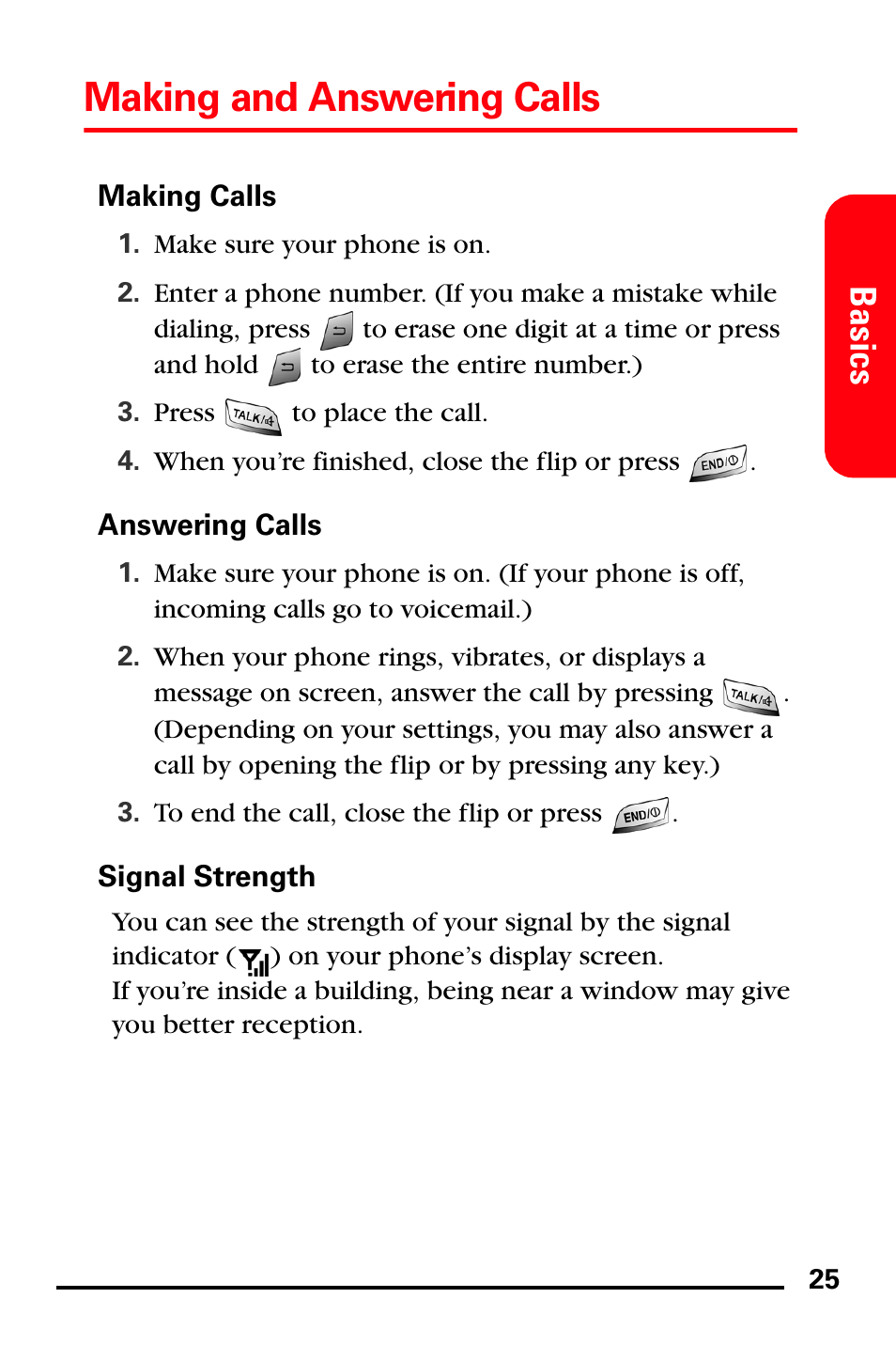 Making calls, Answering calls, Signal strength | Making and answering calls, Basics | Samsung SPH-I600MSSXAR User Manual | Page 33 / 76