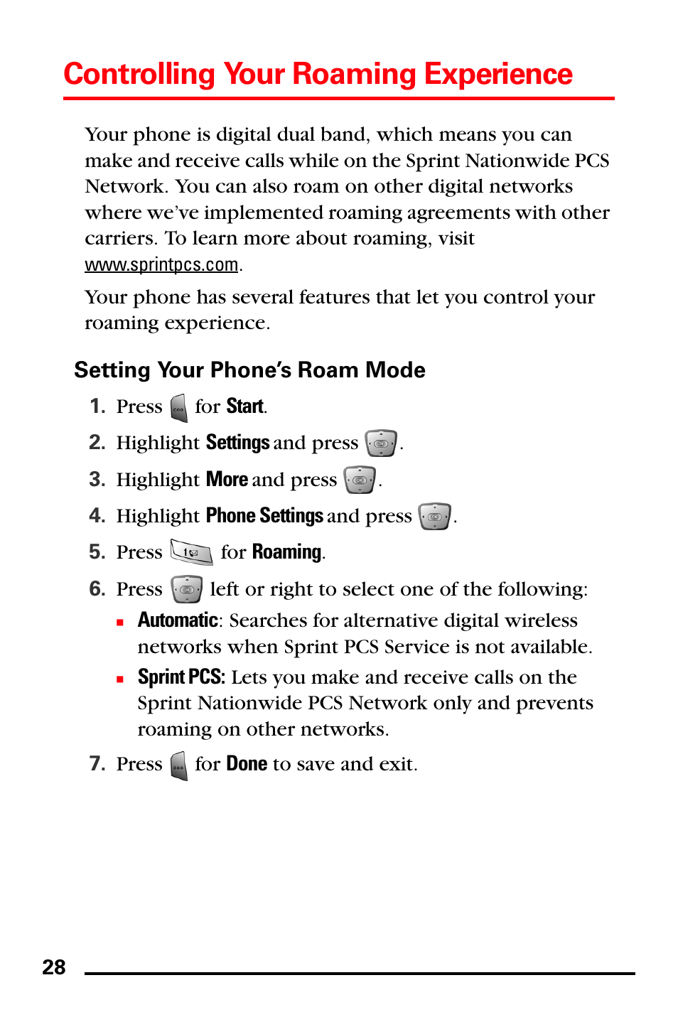 Setting your phone’s roam mode, Controlling your roaming experience | Samsung SPH-I600MSSXAR User Manual | Page 36 / 76