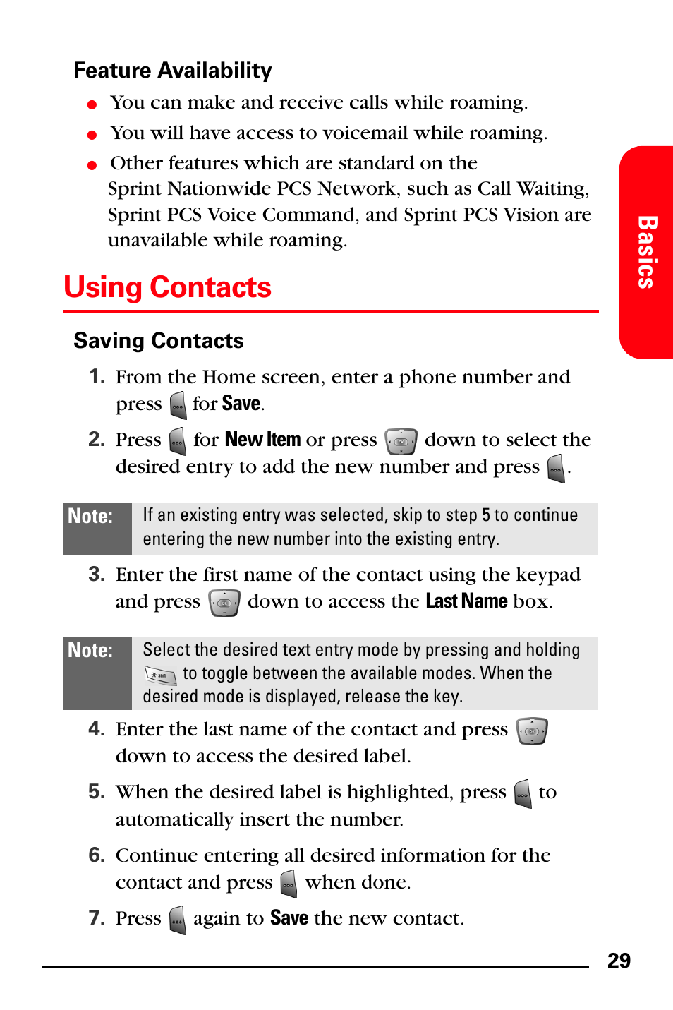 Feature availability, Saving contacts, Using contacts | Basics | Samsung SPH-I600MSSXAR User Manual | Page 37 / 76