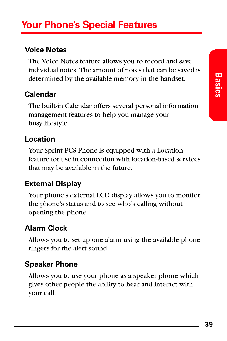 Voice notes, Calendar, Location | External display, Alarm clock, Speaker phone, Your phone’s special features, Basics | Samsung SPH-I600MSSXAR User Manual | Page 47 / 76