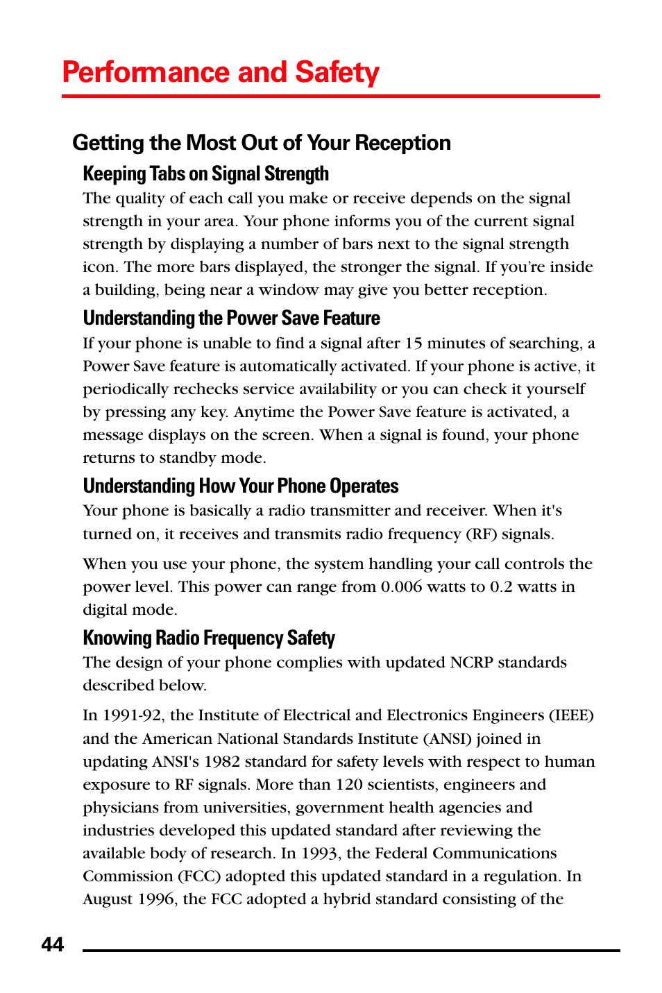 Getting the most out of your reception, Performance and safety, Keeping tabs on signal strength | Understanding the power save feature, Understanding how your phone operates, Knowing radio frequency safety | Samsung SPH-I600MSSXAR User Manual | Page 52 / 76