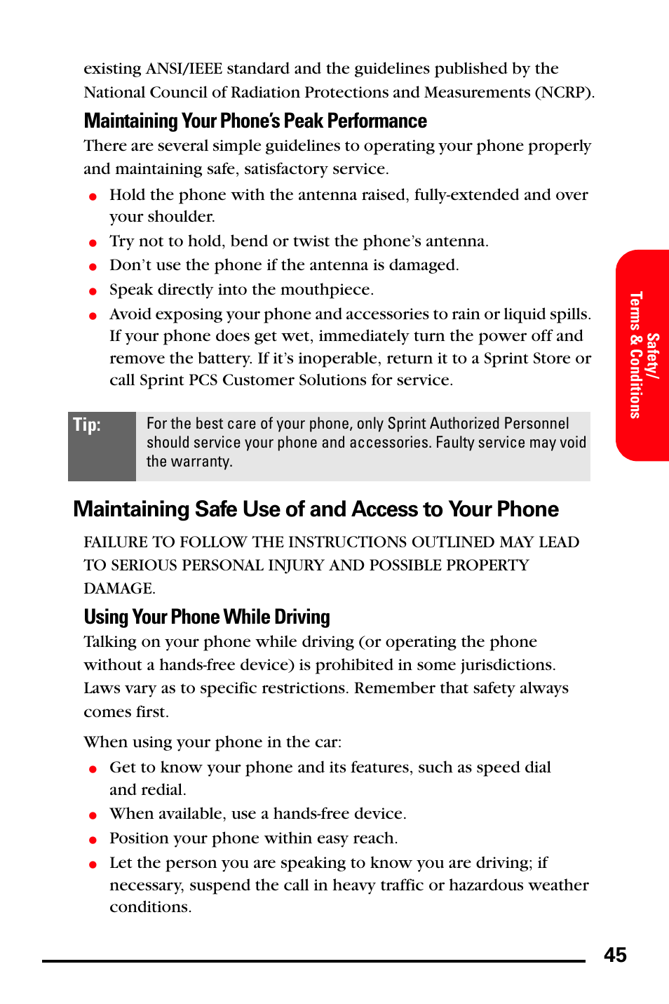 Maintaining safe use of and access to your phone, Maintaining your phone’s peak performance, Using your phone while driving | Samsung SPH-I600MSSXAR User Manual | Page 53 / 76
