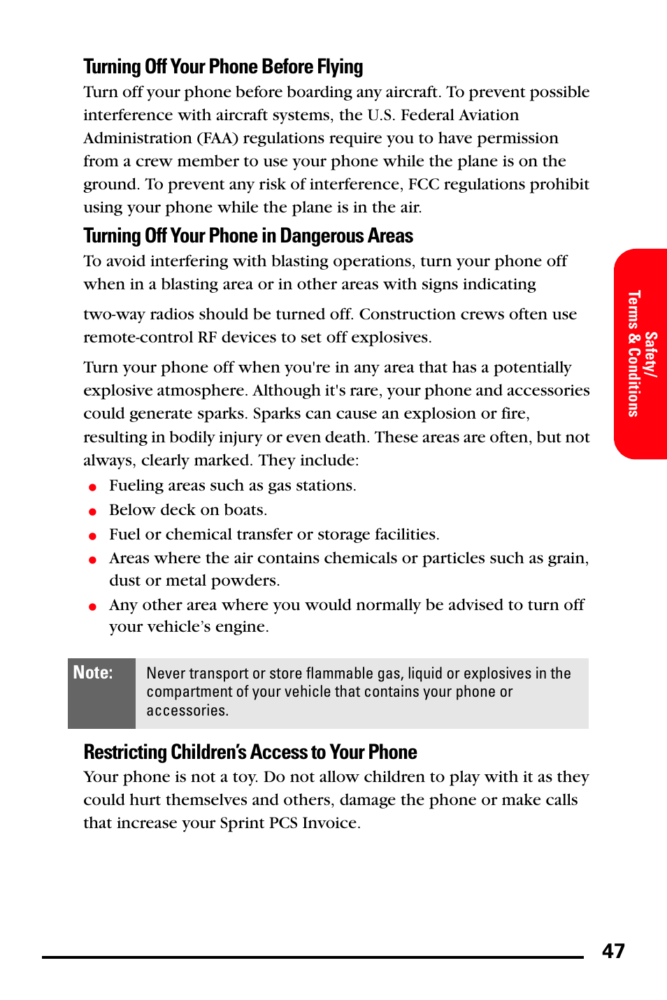 Turning off your phone before flying, Turning off your phone in dangerous areas, Restricting children’s access to your phone | Samsung SPH-I600MSSXAR User Manual | Page 55 / 76