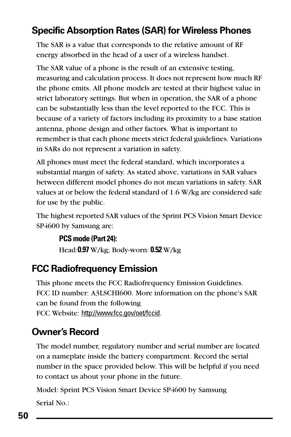 Fcc radiofrequency emission, Owner’s record | Samsung SPH-I600MSSXAR User Manual | Page 58 / 76