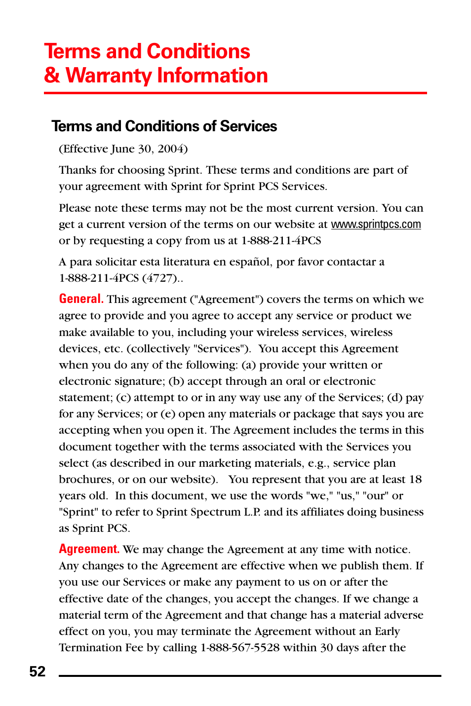 Terms and conditions of services, Terms and conditions & warranty information | Samsung SPH-I600MSSXAR User Manual | Page 60 / 76