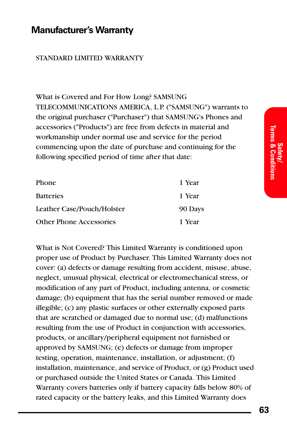 Manufacturer’s warranty | Samsung SPH-I600MSSXAR User Manual | Page 71 / 76