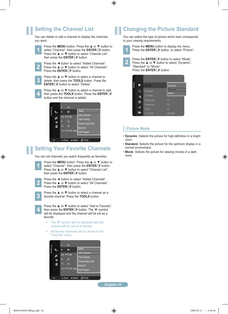 Setting the channel list, Changing the picture standard, Setting your favorite channels | Samsung LN40B530P7NXZA User Manual | Page 10 / 14