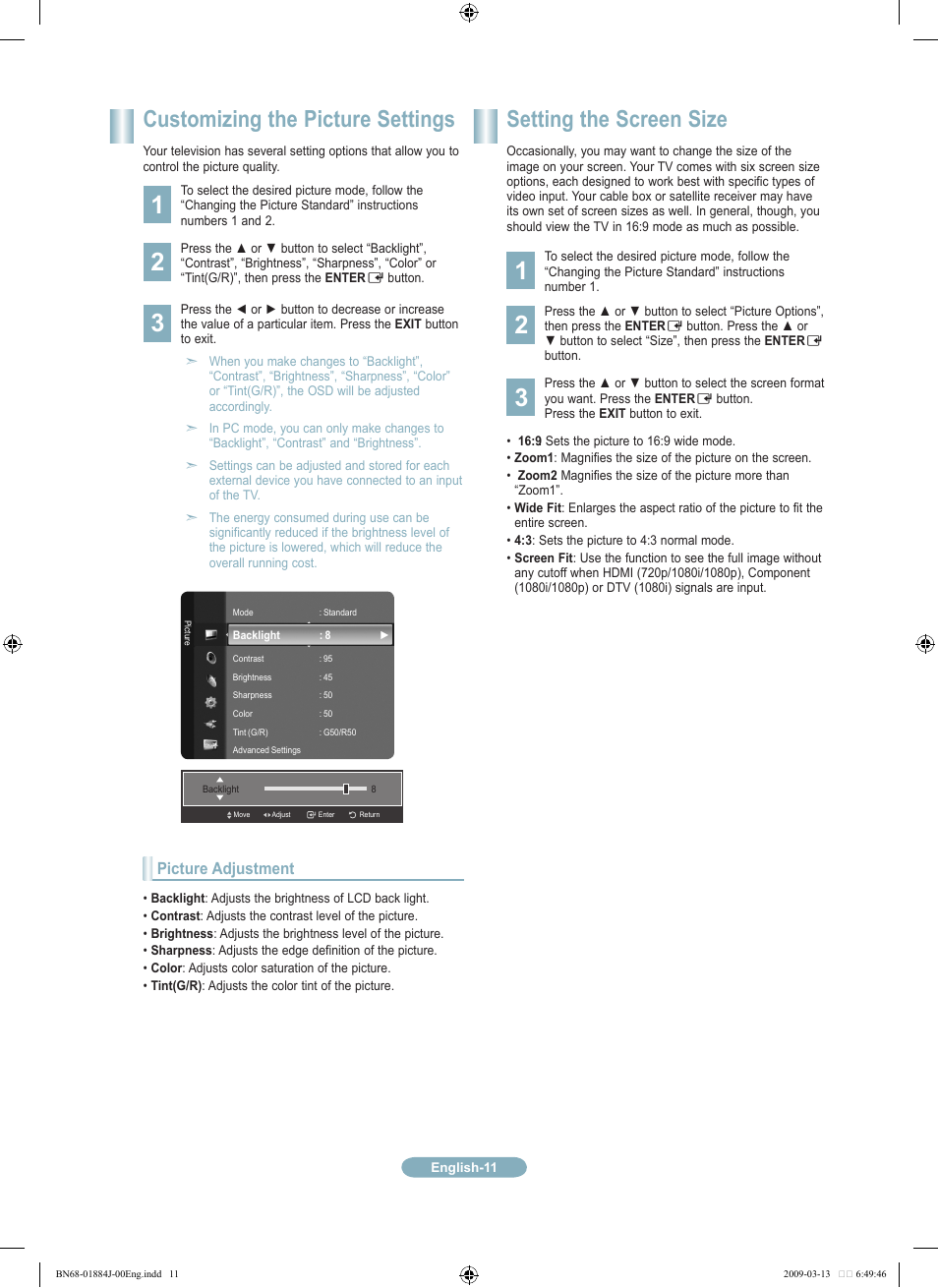 Customizing the picture settings, Setting the screen size | Samsung LN40B530P7NXZA User Manual | Page 11 / 14