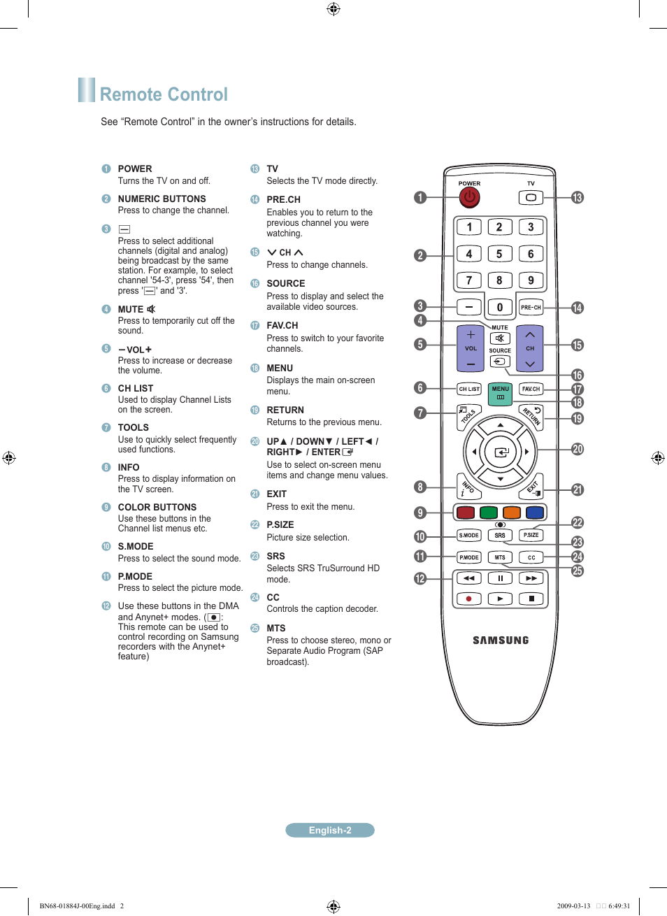 Remote control | Samsung LN40B530P7NXZA User Manual | Page 2 / 14