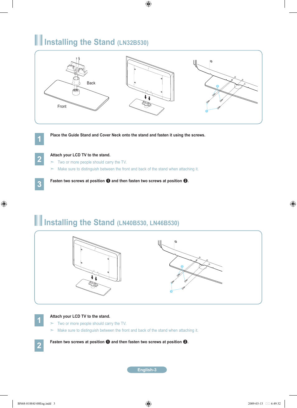 Installing the stand, Lnb50) | Samsung LN40B530P7NXZA User Manual | Page 3 / 14