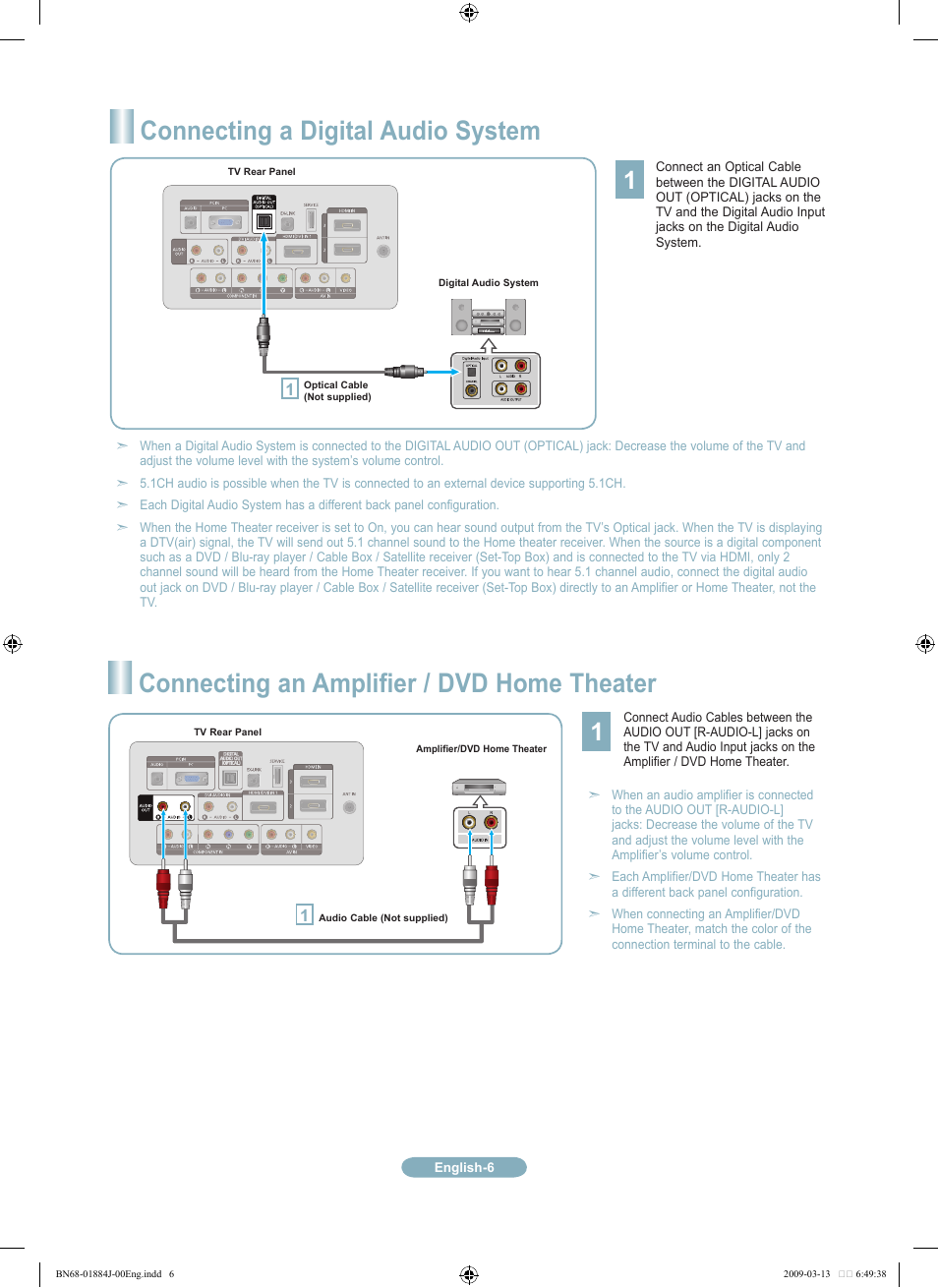 Connecting a digital audio system, Connecting an amplifier / dvd home theater | Samsung LN40B530P7NXZA User Manual | Page 6 / 14