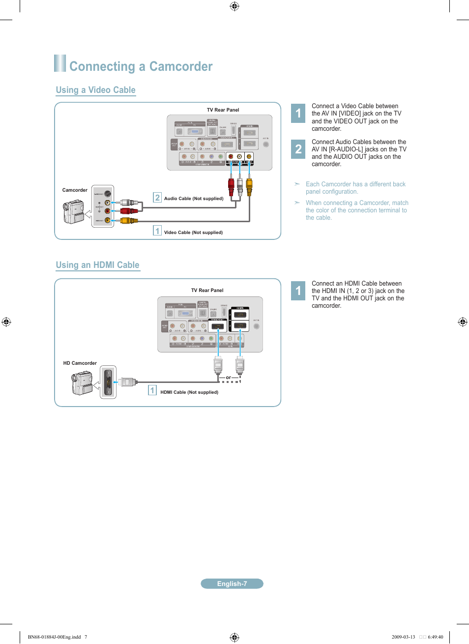 Connecting a camcorder, Using a video cable, Using an hdmi cable | Samsung LN40B530P7NXZA User Manual | Page 7 / 14