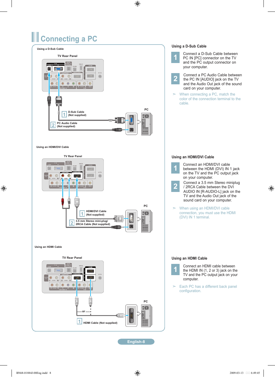 Connecting a pc | Samsung LN40B530P7NXZA User Manual | Page 8 / 14