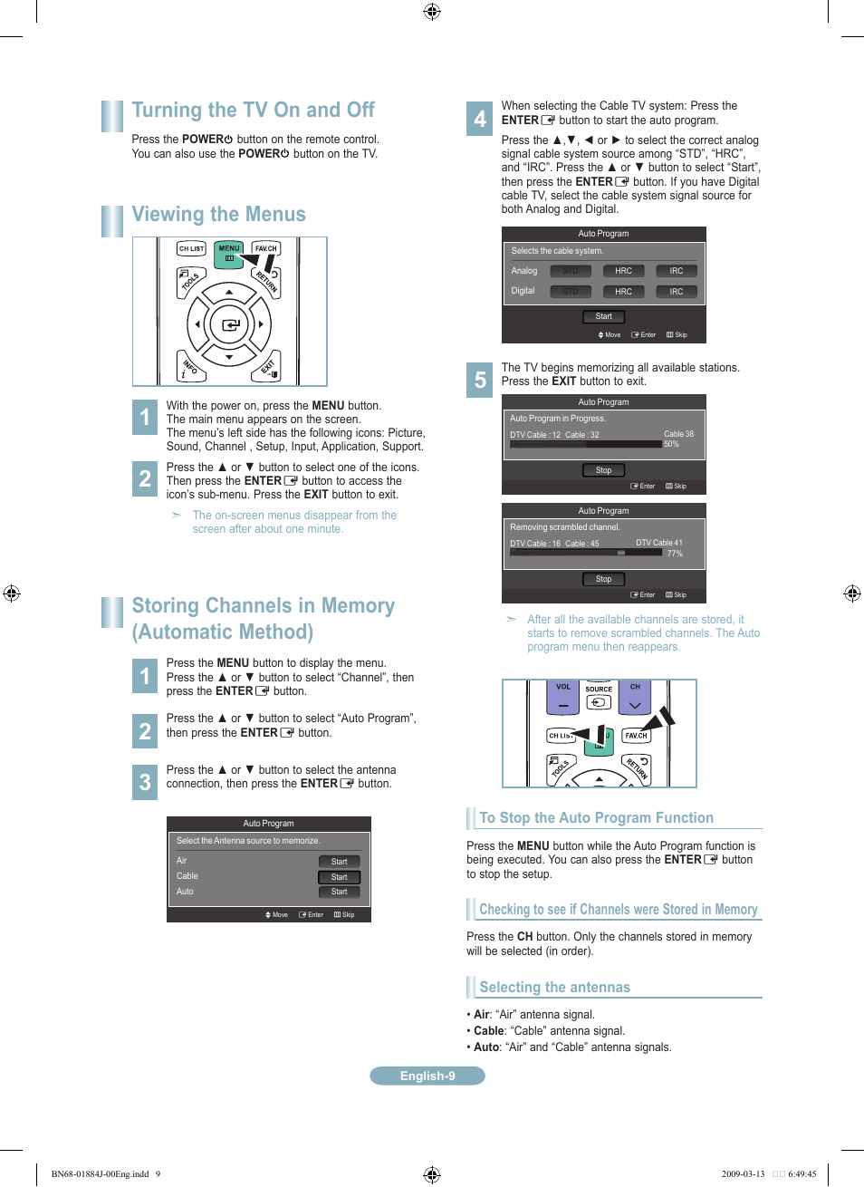 Turning the tv on and off, Viewing the menus | Samsung LN40B530P7NXZA User Manual | Page 9 / 14