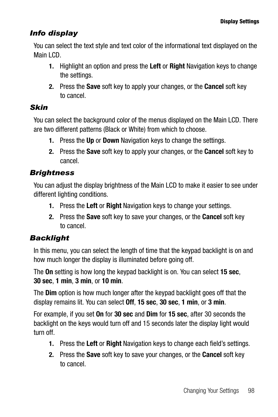 Info display, Skin, Brightness | Backlight | Samsung SGH-T739TSATMB User Manual | Page 101 / 195