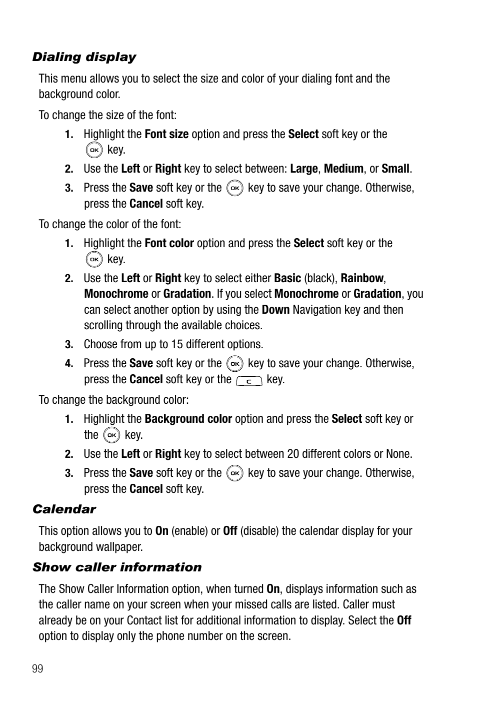 Dialing display, Calendar, Show caller information | Samsung SGH-T739TSATMB User Manual | Page 102 / 195