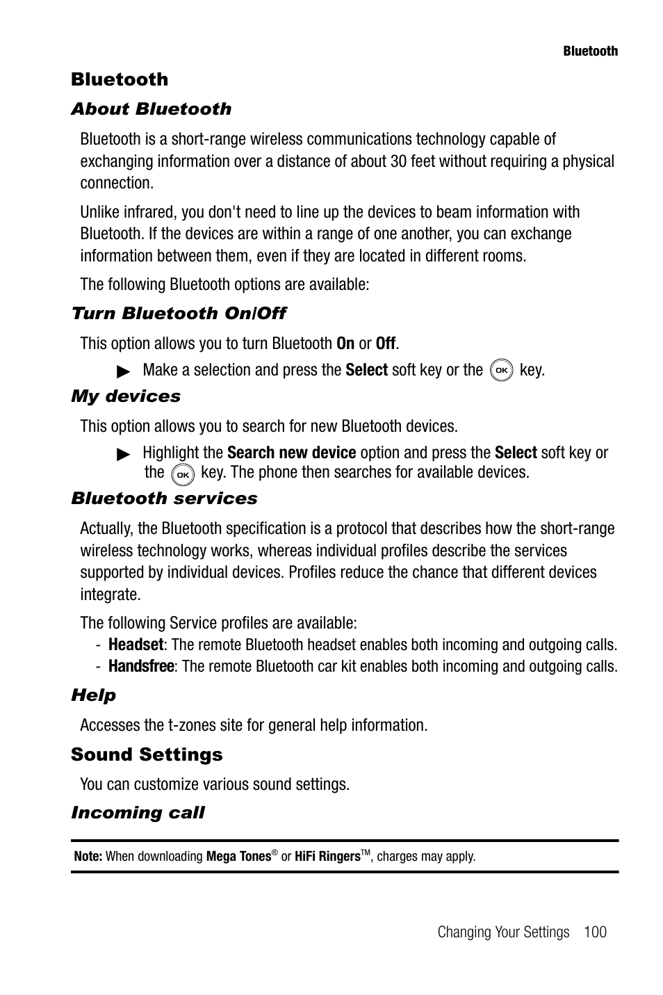 Bluetooth, About bluetooth, Turn bluetooth on/off | My devices, Bluetooth services, Help, Sound settings, Incoming call, Bluetooth sound settings | Samsung SGH-T739TSATMB User Manual | Page 103 / 195