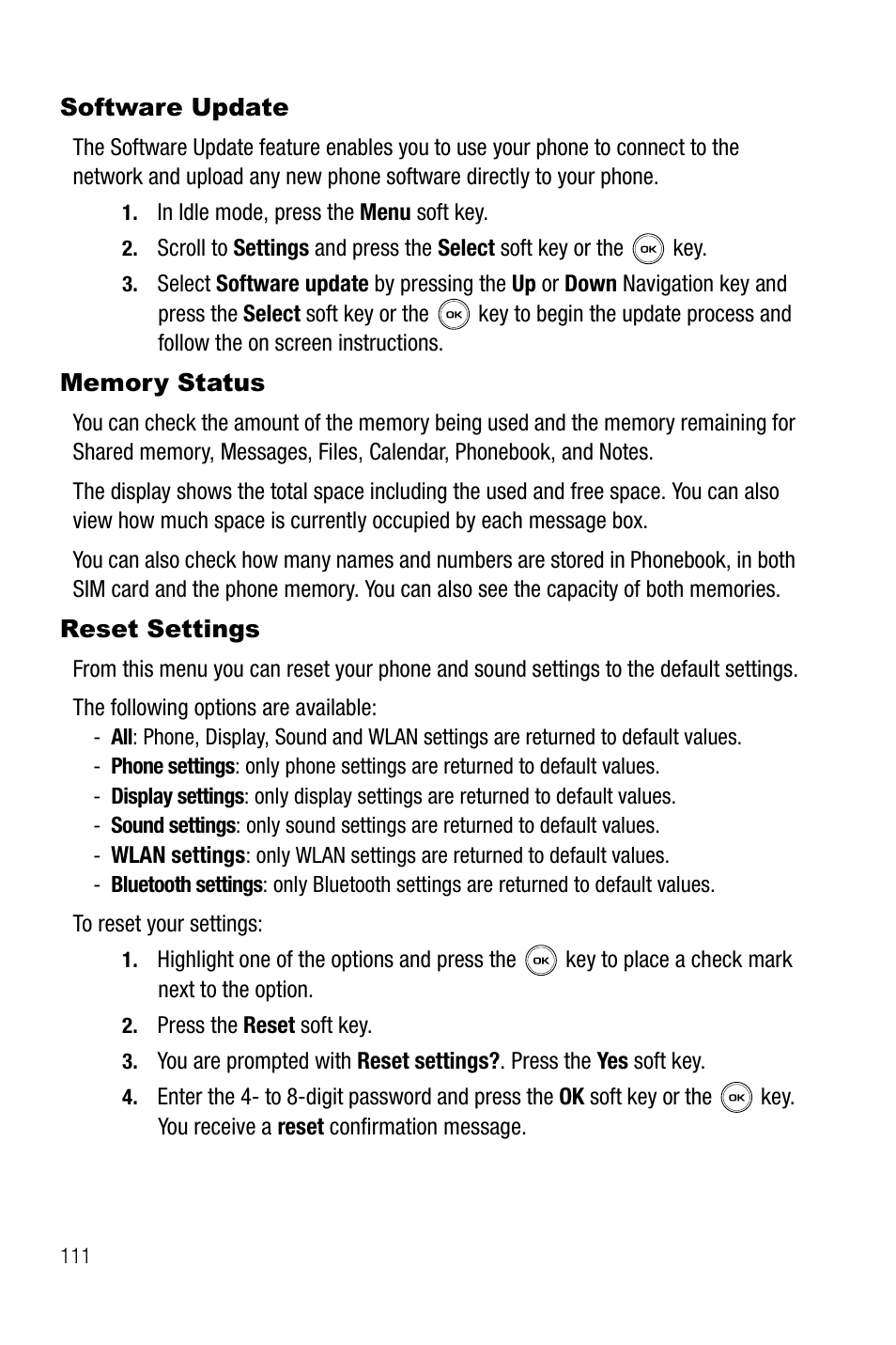 Software update, Memory status, Reset settings | Software update memory status reset settings | Samsung SGH-T739TSATMB User Manual | Page 114 / 195