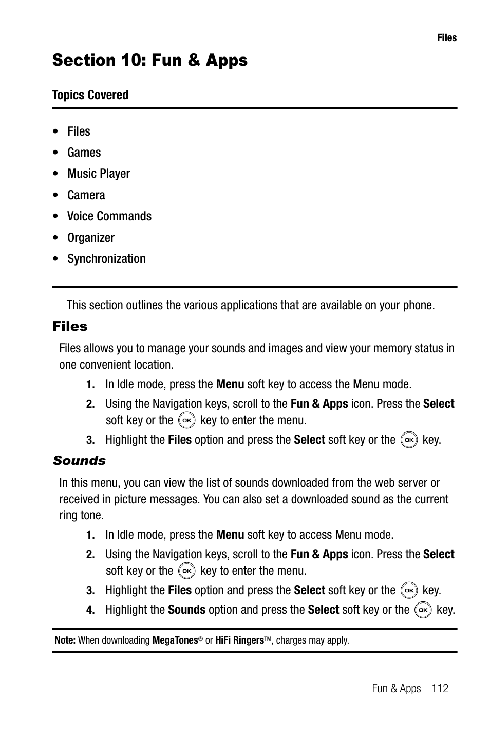 Section 10: fun & apps, Files, Sounds | Samsung SGH-T739TSATMB User Manual | Page 115 / 195